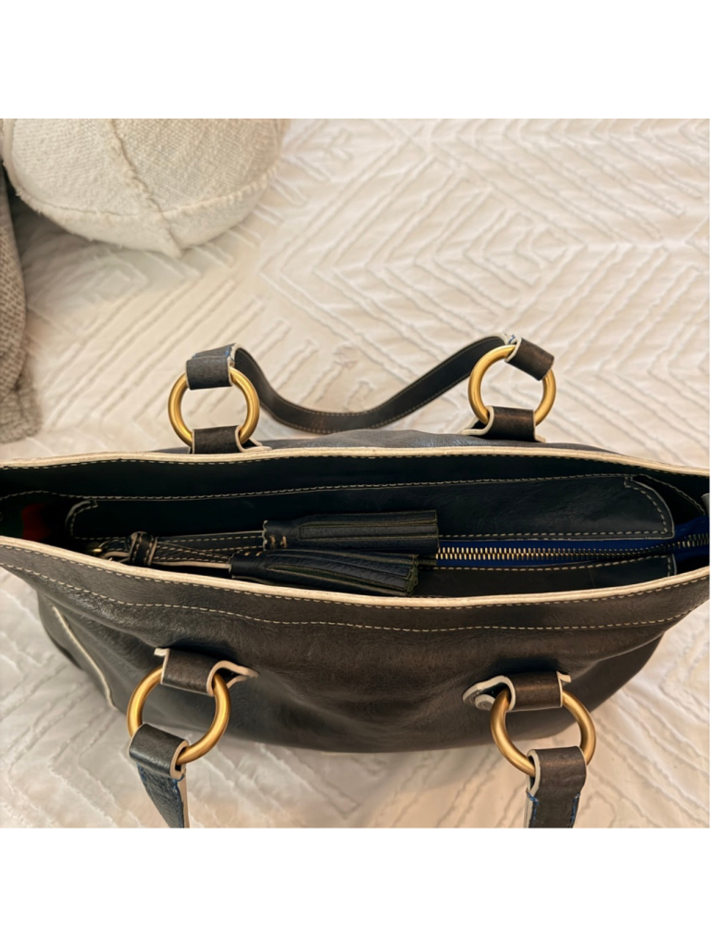 Dooney & Bourke Florentine Shopper Tote Gray Leather Shoulder Bag Tassels - Picture 17 of 17